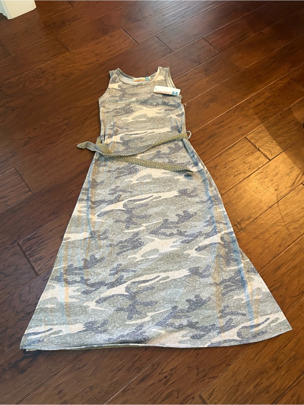 Vintage Havana Blue Gray Camo Midi Tank Dress with Braided Belt